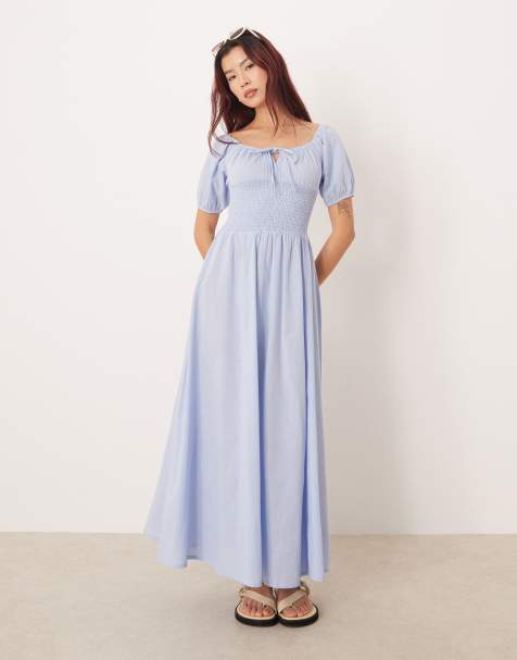 Esmee puff sleeve tie front maxi beach dress in light blue