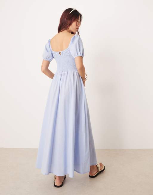Esmee puff sleeve tie front maxi beach dress in light blue, 4 of 4