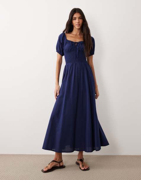 Esmee puff sleeve tie front maxi beach dress in navy