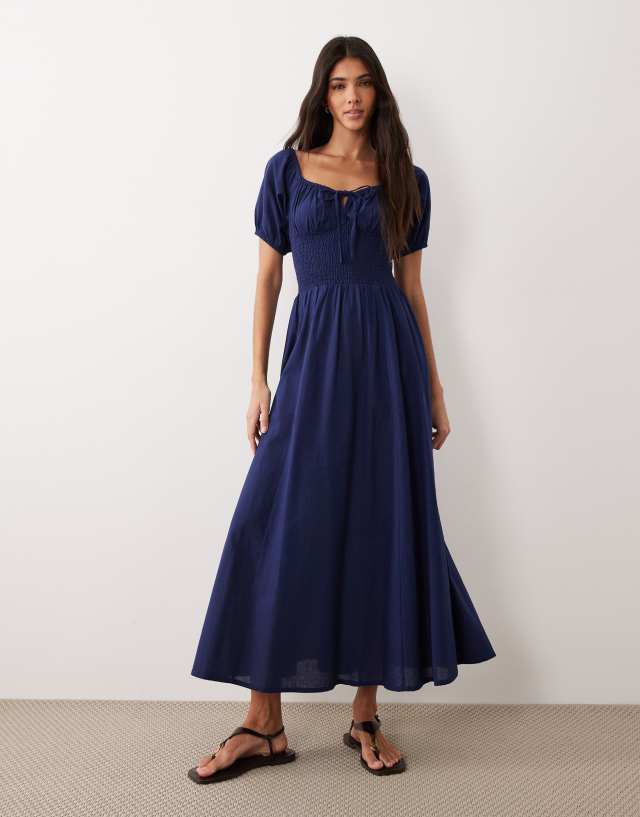 Esmée puff sleeve tie front maxi beach dress in navy