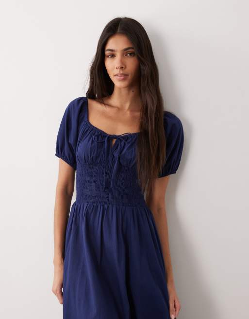 Esmée puff sleeve tie front maxi beach dress in navy, 2 of 4