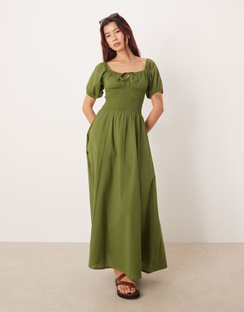 Esmee puff sleeve tie front maxi beach dress in olive - view 1