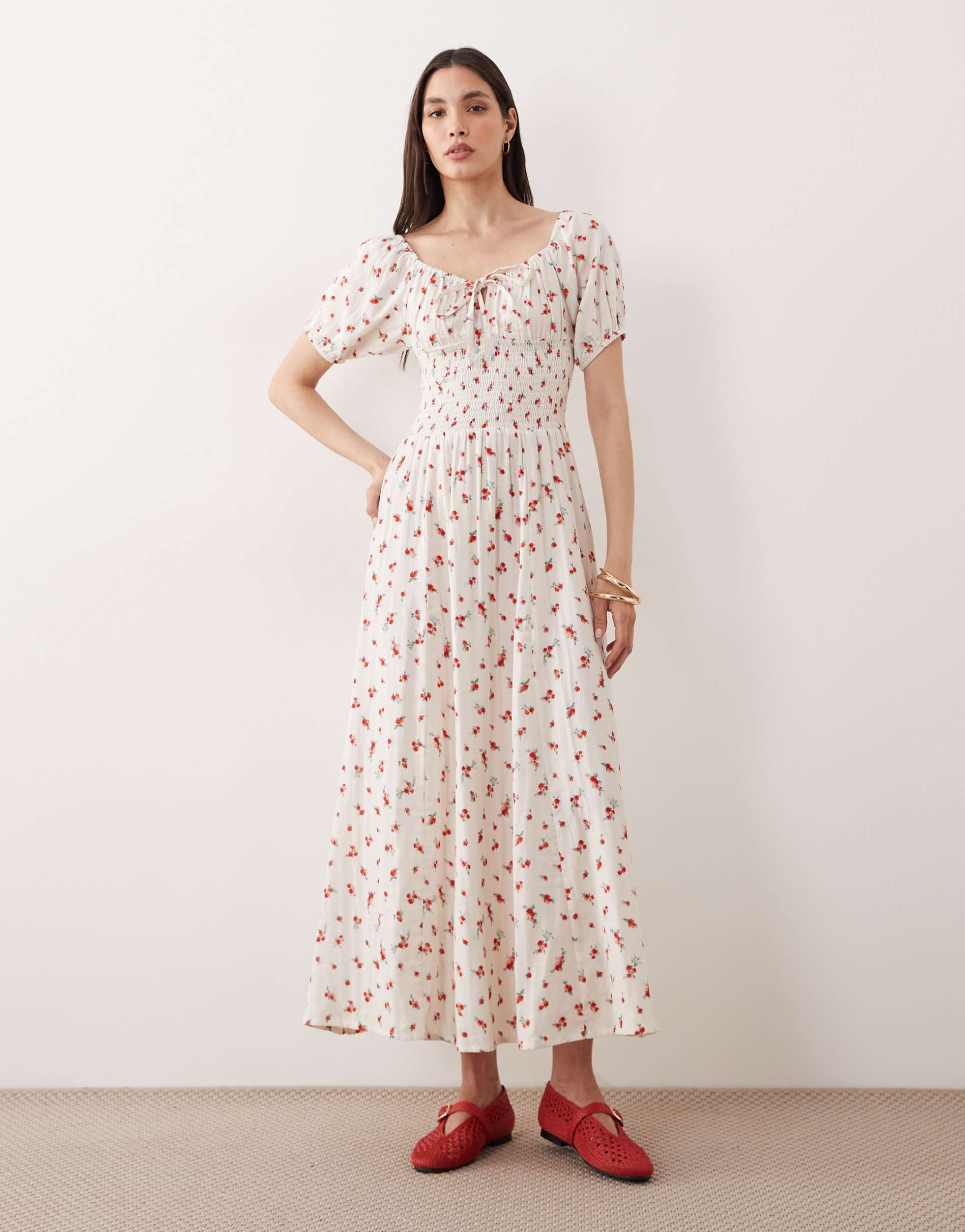 esmée puff sleeve tie front maxi beach dress in red ditsy floral