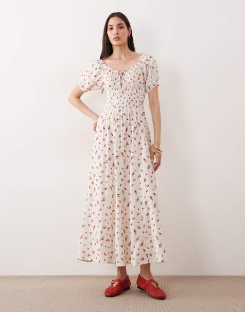 Esmee puff sleeve tie front maxi beach dress in red ditsy floral