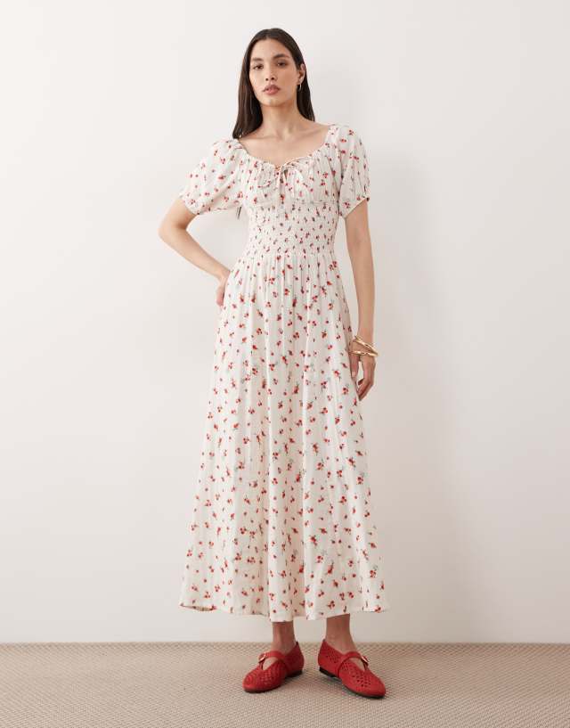 midi beach dress with sleeves Esmée puff sleeve tie front maxi in red ditsy floral This floral midi dress franchise: marifi black tie dresses for Size:S / US 4 / EU 36 / UK 8 / JP 9 / KR 55