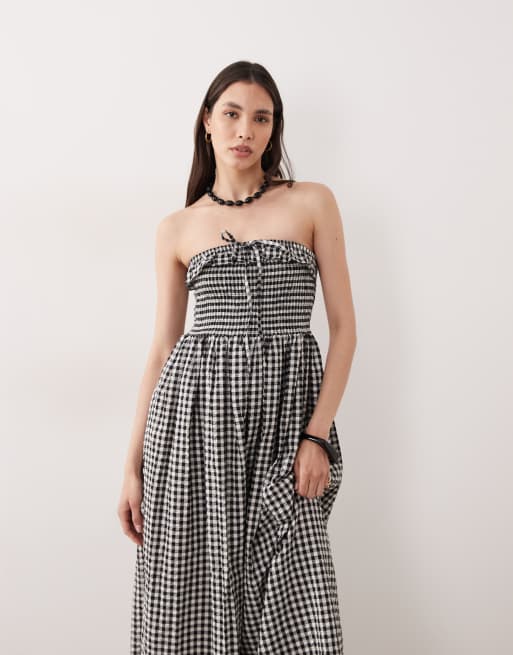 Esmée - Robe bandeau longue de plage à carreaux vichy - Noir et crème, 3 de 4