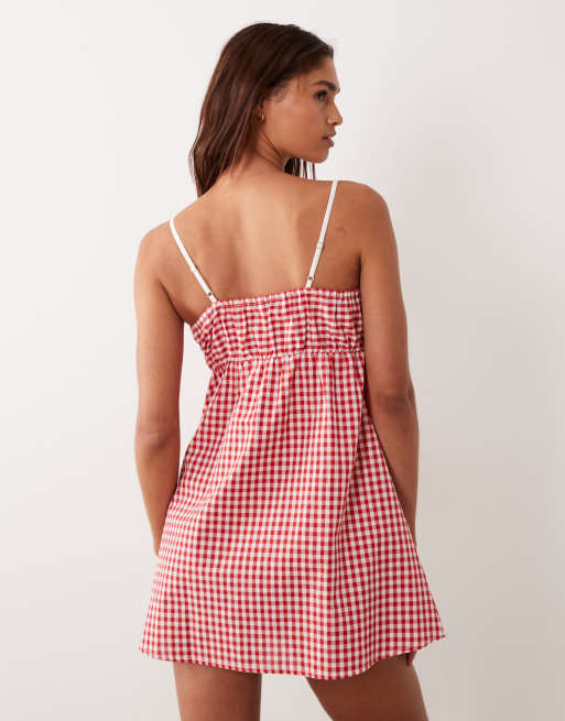 Esmée - Robe de plage courte à carreaux vichy et liserés contrastants - Rouge, 2 de 4