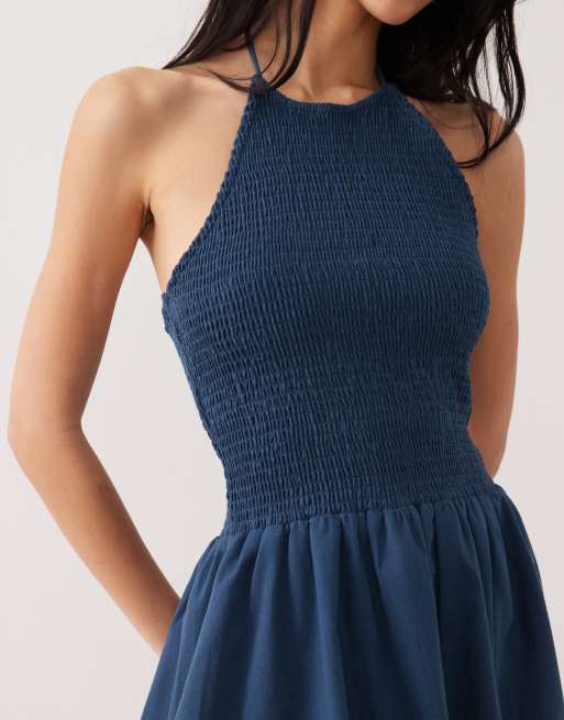 Esmée - Robe de plage courte à fronces et dos nu - Bleu denim, 3 de 4