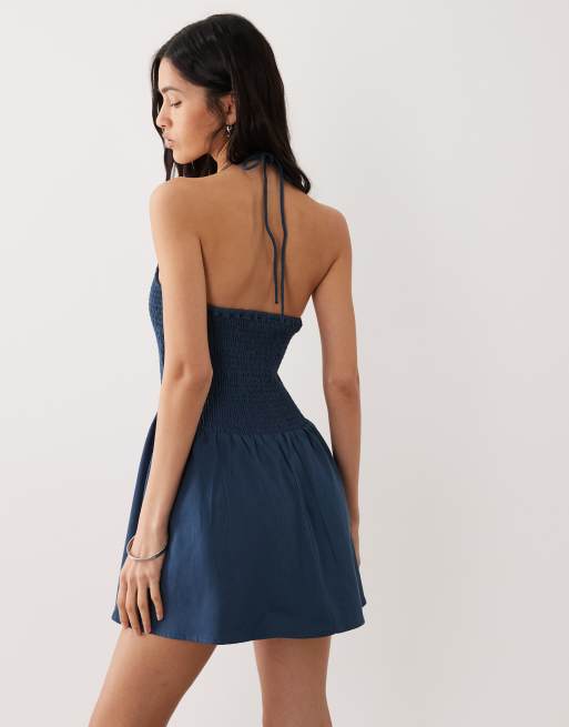Esmée - Robe de plage courte à fronces et dos nu - Bleu denim, 4 de 4
