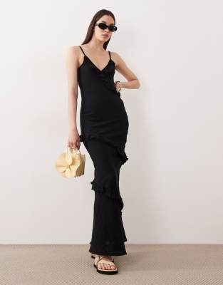 Robe de plage longue à bretelles et volants - Noir 36