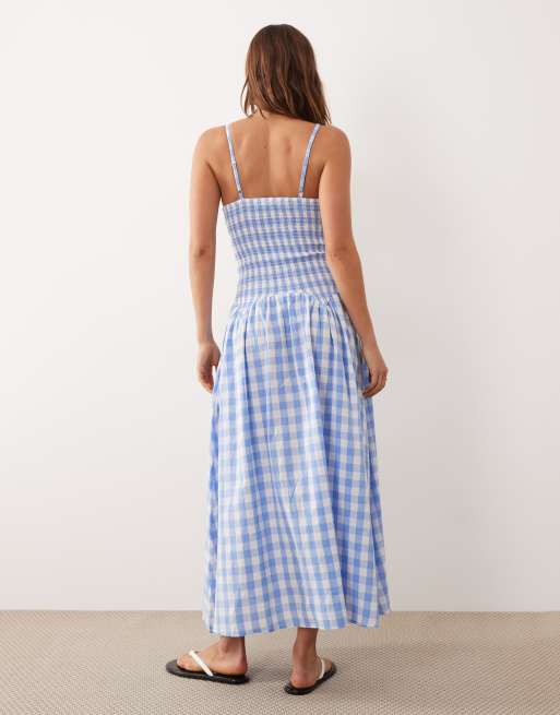 Esmée - Robe de plage longue à fronces avec taille basse et carreaux vichy - Bleu/blanc, 2 de 4