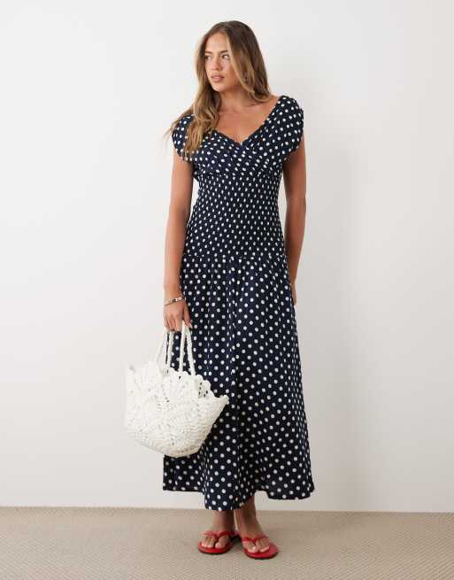 Esmée - Robe de plage longue à fronces avec taille basse et motif à pois - Bleu marine, 3 de 4