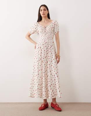 Robe de plage longue à manches bouffantes et liens noués à l'avant - Petites fleurs rouges-Multicolore 38