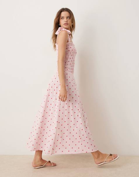 Esmée - Robe de plage longue à pois avec fronces et bretelles nouées - Rose/rouge - view 1