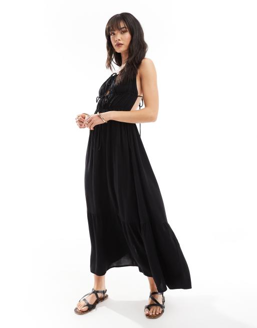Esmée - Robe de plage longue étagée à bretelles avec liens devant et découpes - Noir