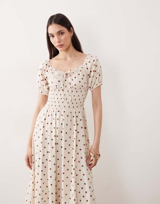 Esmée - Robe de plage longue nouée devant à pois et manches bouffantes - Crème et marron, 2 de 4