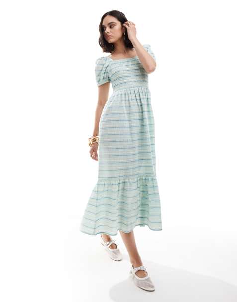 Esmée - Robe longue à rayures et manches bouffantes - Vert - view 1