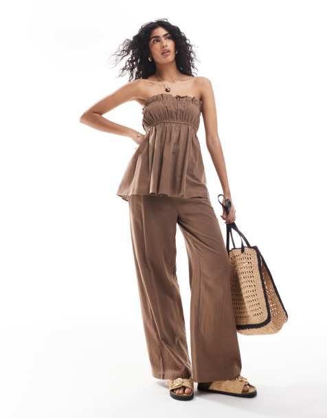 Esmee ruched linen co-ord in coffee - view 1