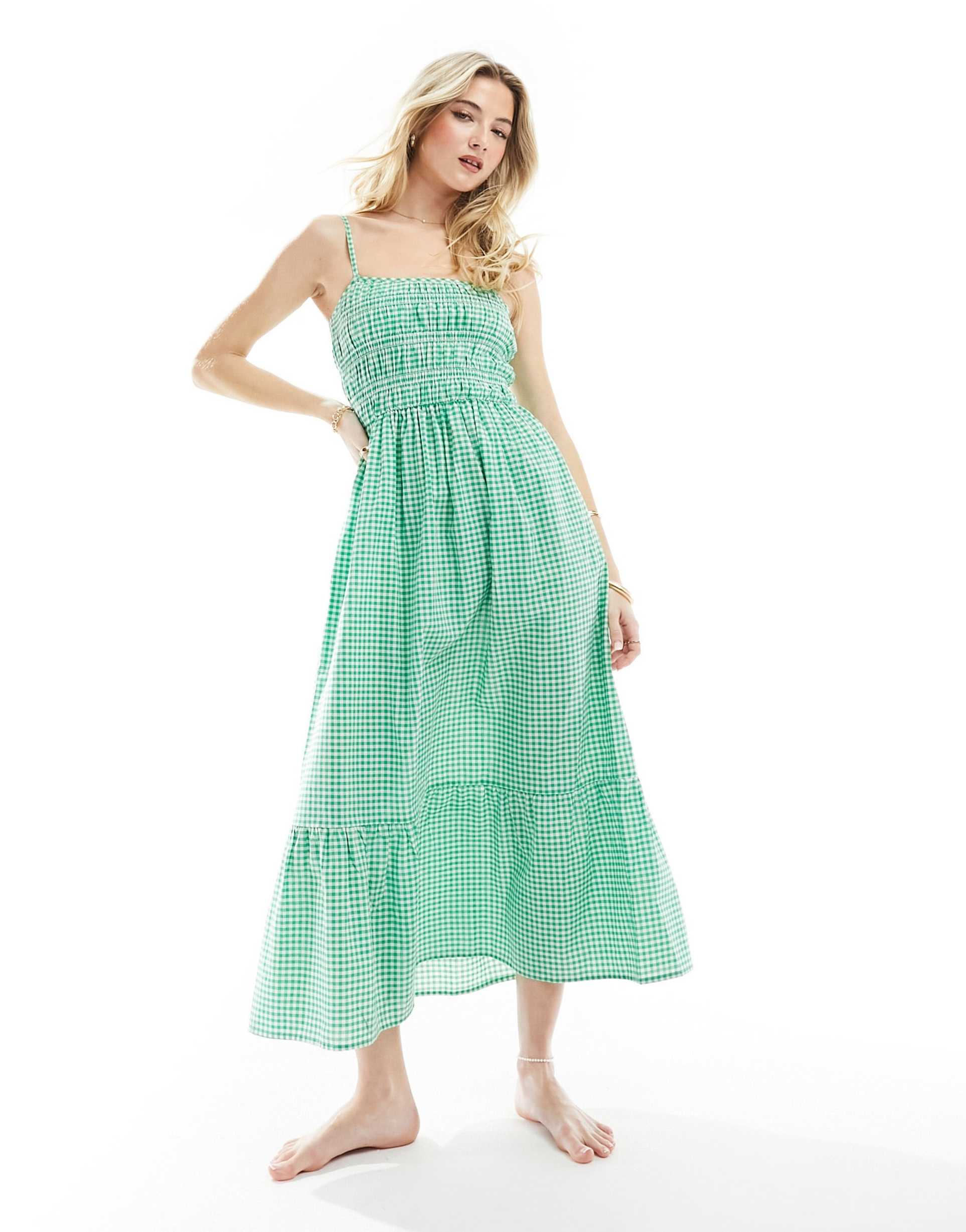 esmee ruched maxi beach dress in green and white gingham