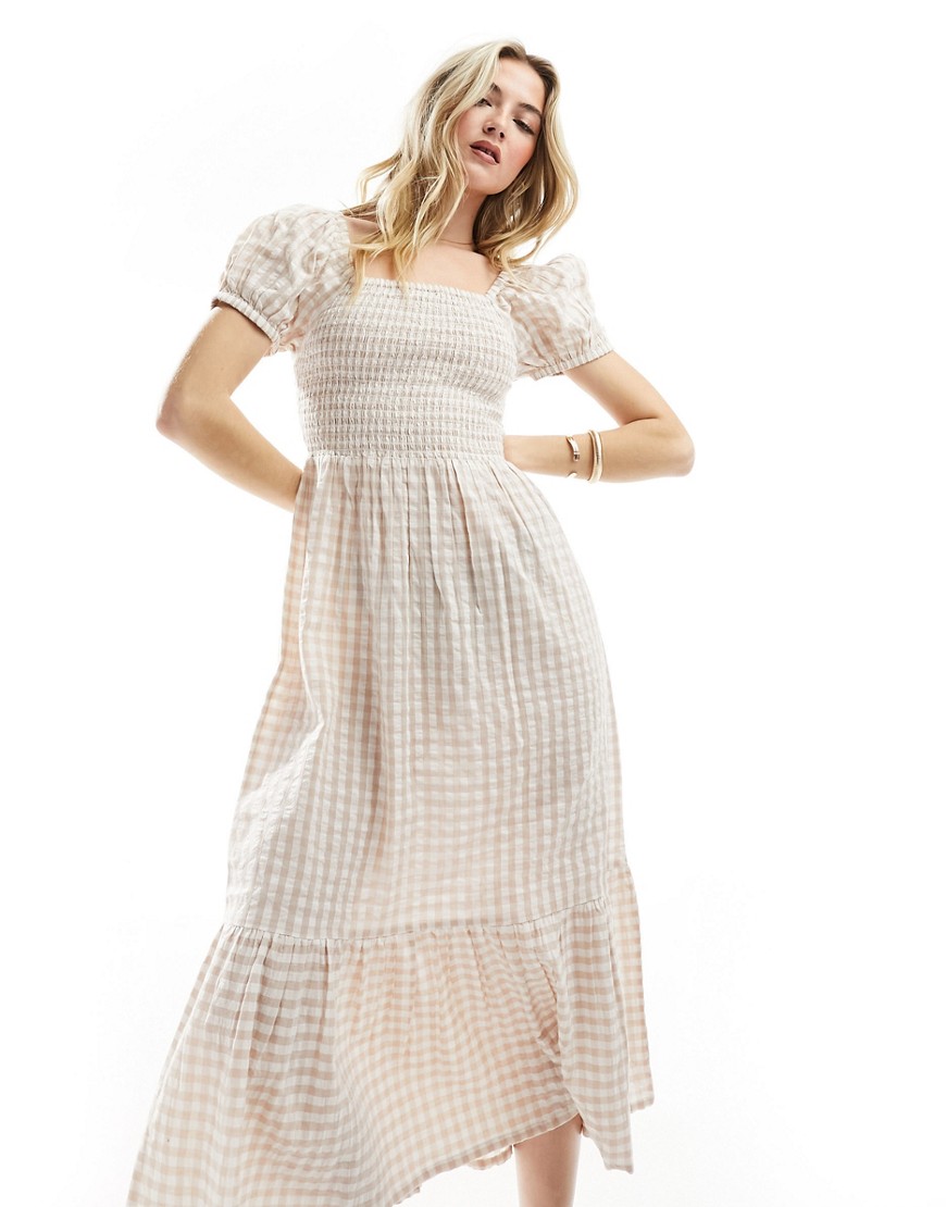 Esmee ruched puff sleeve gingham maxi beach dress in beige and white-Multi