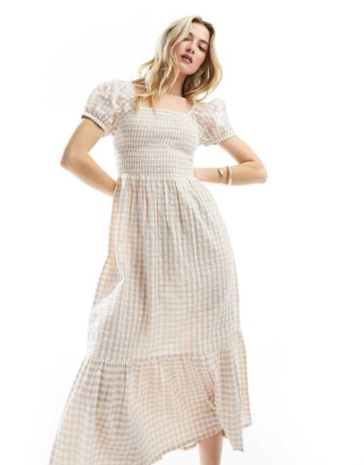  Esmee ruched puff sleeve gingham maxi beach dress in beige and white