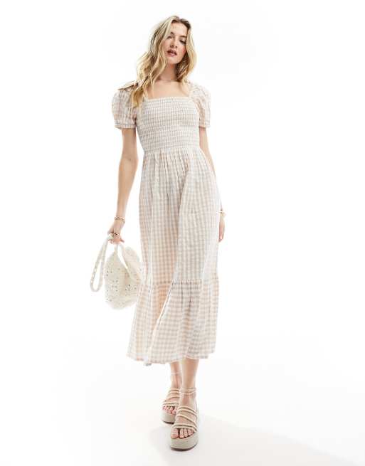 Esmee ruched puff sleeve gingham maxi beach dress in beige and white, 2 of 4
