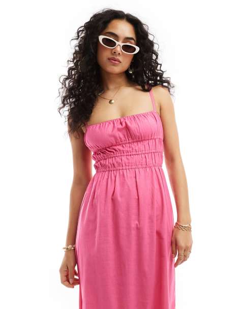 Esmee ruched tiered maxi beach dress in bright pink - view 1