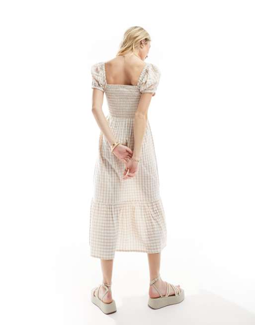 Esmée - Rynket maxi-strandkjole med pufærmer og beige/hvide gingham-tern, 4 af 4