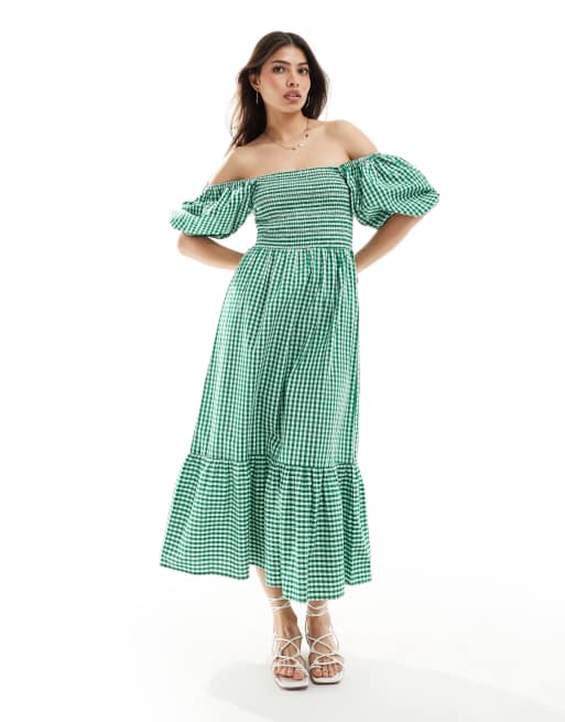 Esmée – Schulterfreies Strand-Maxikleid in Dunkelgrün mit Vichy-Karos, gerafftem Dekolleté und Puffärmeln 