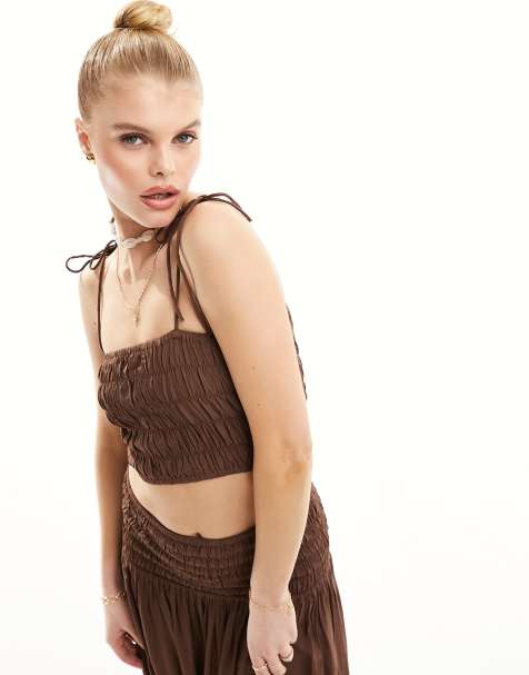 Esmee shirred beach crop top co-ord in brown - view 1
