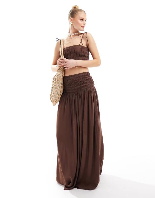 Esmee shirred beach crop top co-ord in brown, 4 of 4