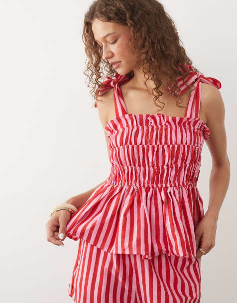 Esmee shirred beach crop top co-ord in pink and red stripe - view 1