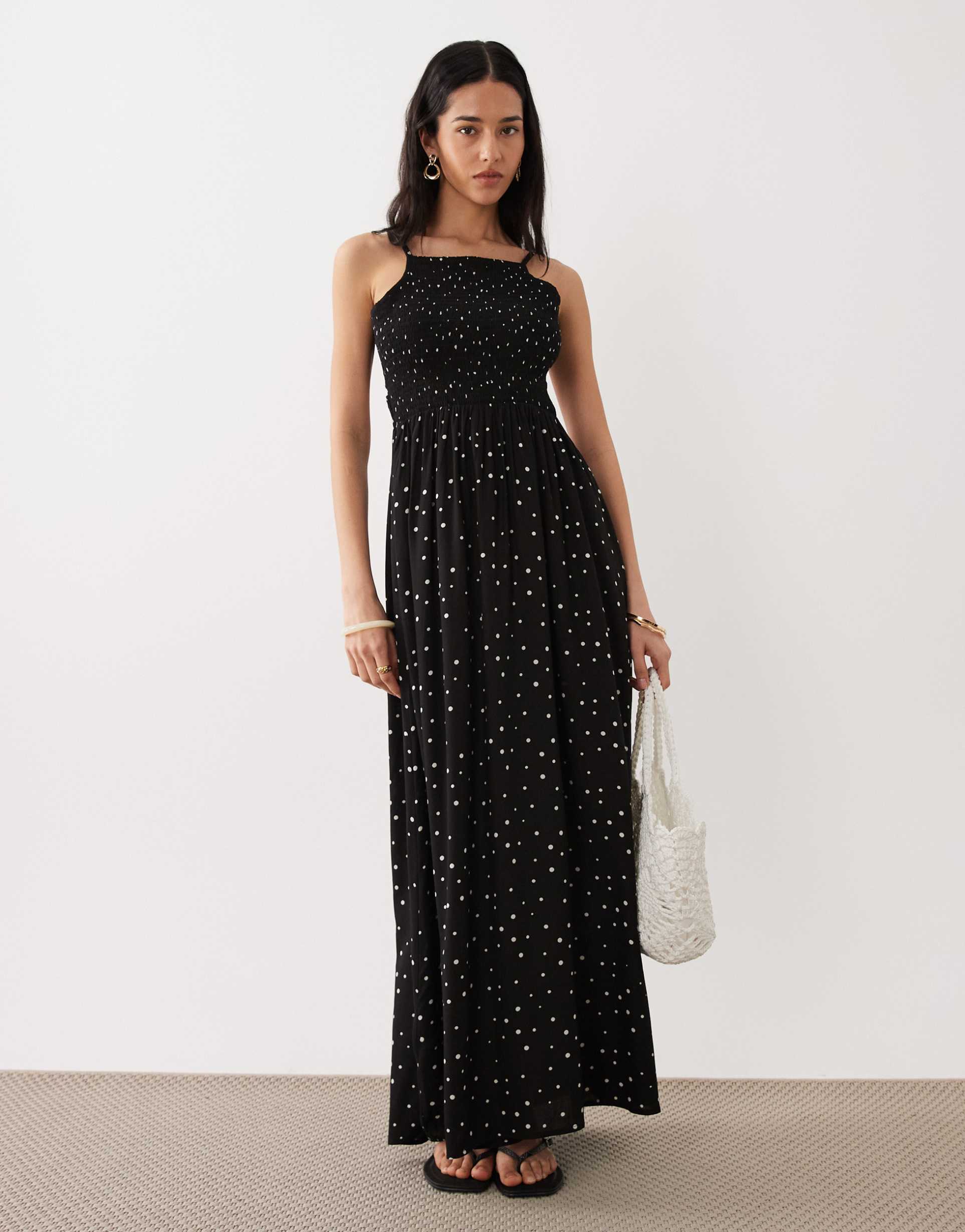 esmée shirred beach maxi dress in black & white polka dots