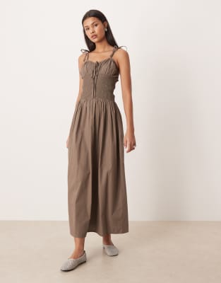 Esmée shirred detail maxi beach dress in brown