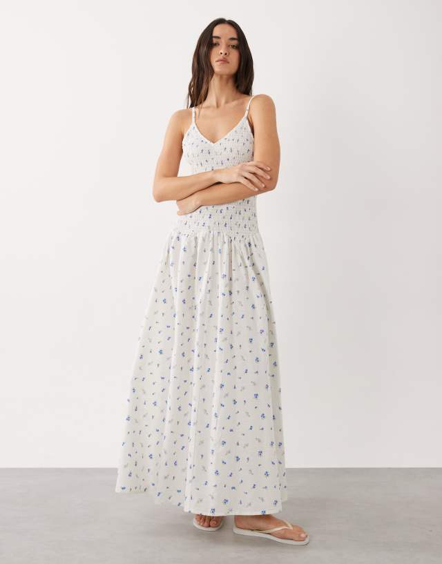 shirred beach dress Esmée drop waist maxi in blue ditsy floral 56in / 142.0cm Color:Navy Multi White ice skating Strapless Sweetheart Beaded Mini