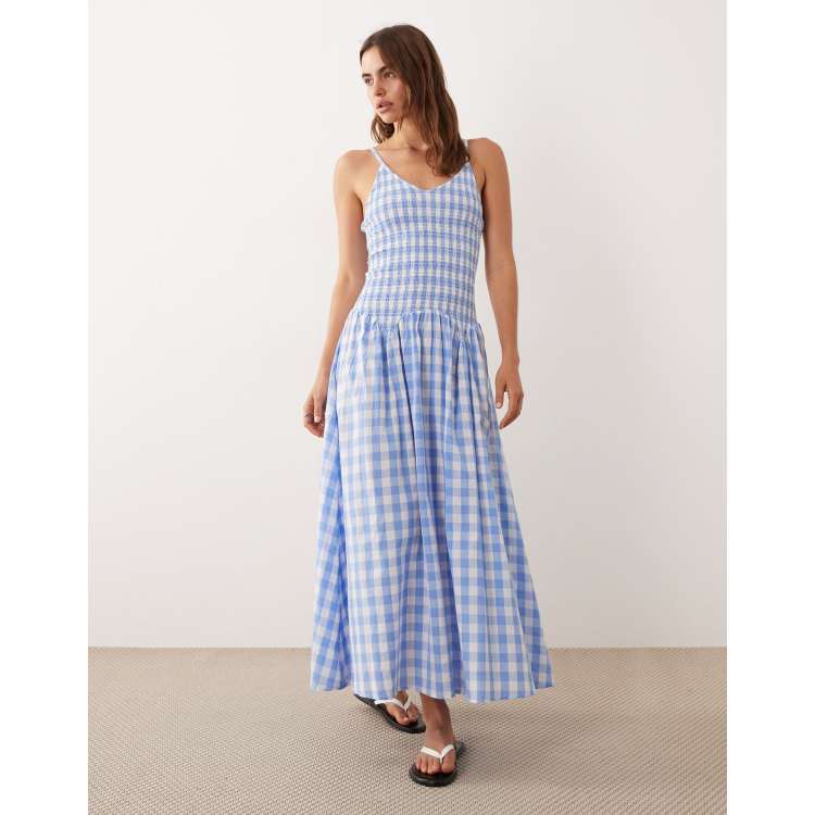 Esme shirred drop waist maxi beach dress in blue & white gingham | ASOS