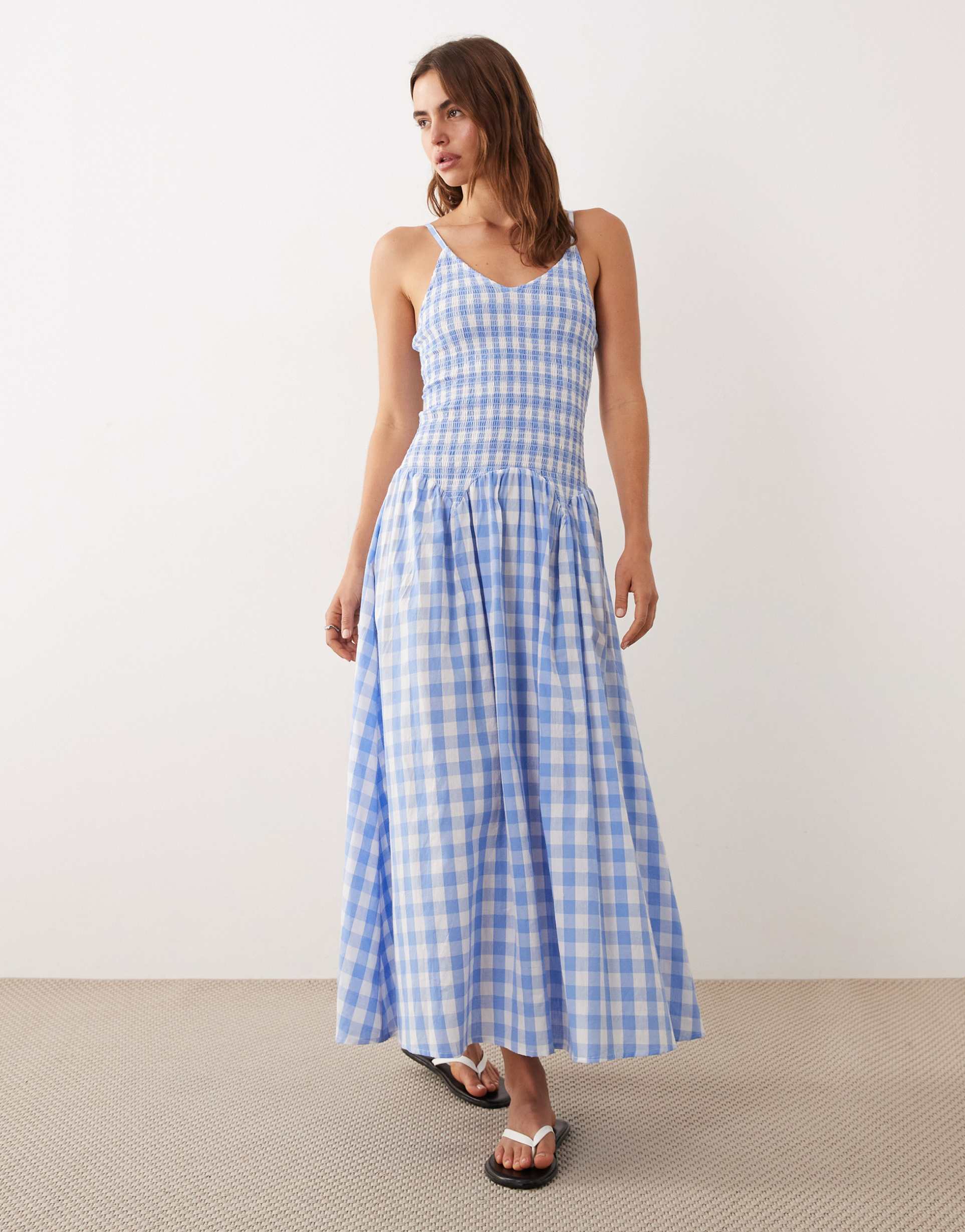 esmée shirred drop waist maxi beach dress in blue & white gingham