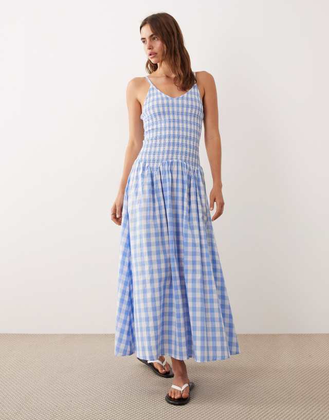 white blue beach dress Esmée shirred drop waist maxi in & gingham Spring26Sale Size:XL-FINAL SALE Textured Panel Dresser Makeover Outfits it offers a flattering