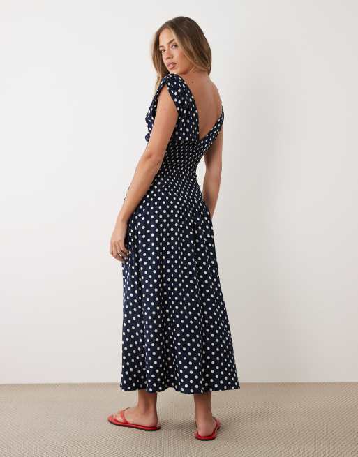 Esmee shirred drop waist maxi beach dress in navy polka dot, 2 of 4