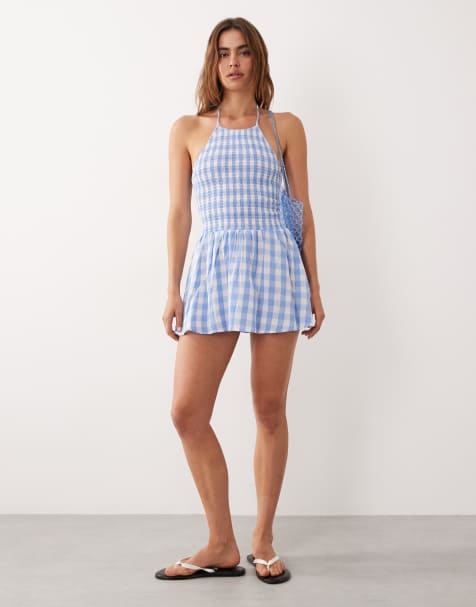 Esmée shirred halter mini dress in blue & white gingham - view 1