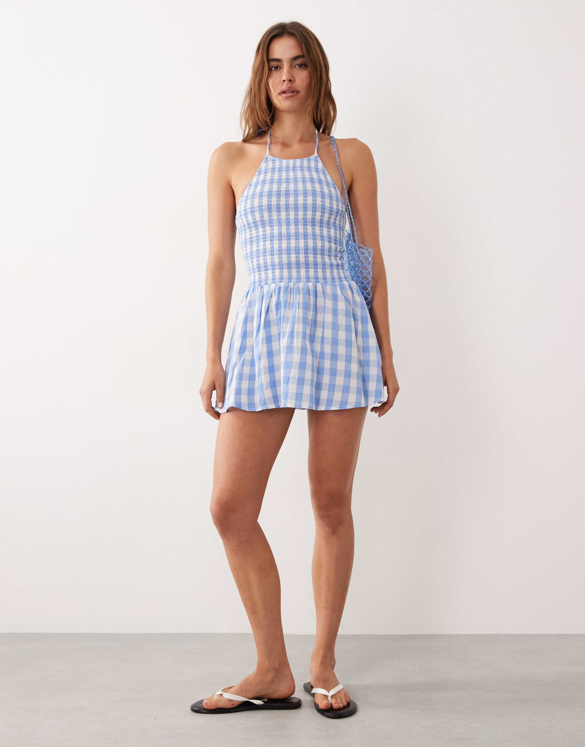 esmée shirred halter mini dress in blue & white gingham