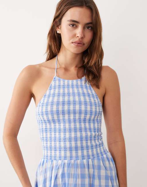 Esme shirred halter mini dress in blue & white gingham | ASOS