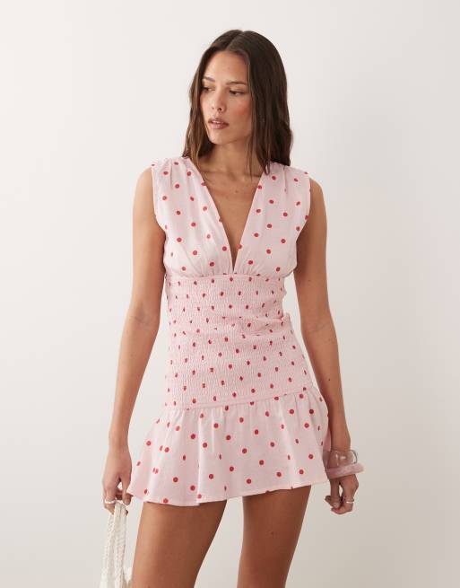 Esmee shirred mini beach dress in pink & red polka dot, 3 of 4