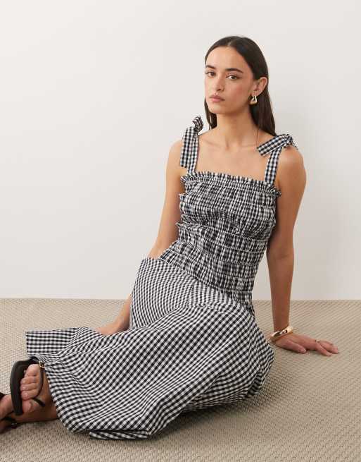 Esmee shirred tie strap maxi beach dress in black & white gingham, 2 of 4
