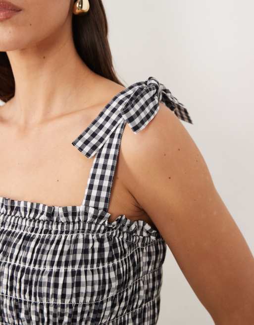 Esmee shirred tie strap maxi beach dress in black & white gingham, 3 of 4
