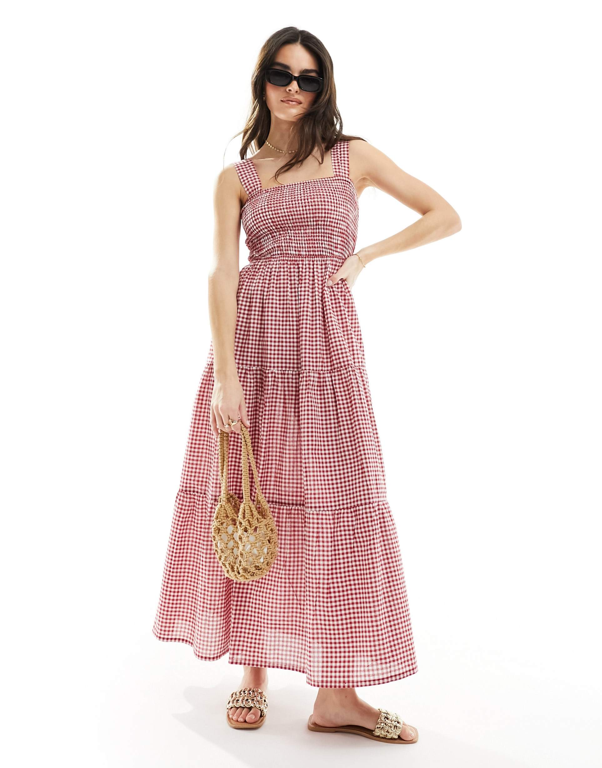 esmée shirred waist maxi beach summer dress in red and white gingham