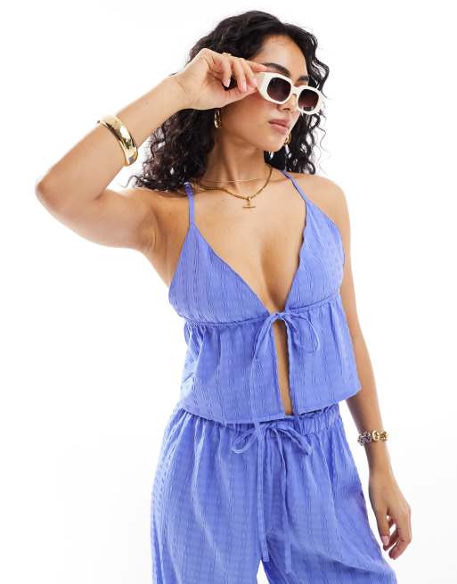 Esmée - Strand crop top met gestrikte voorkant in blauw, deel van co-ord set