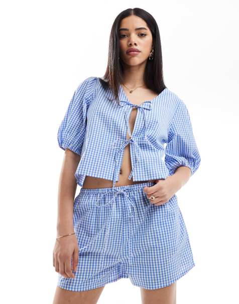 Esmée - Strandshorts med løbesnor og blå/hvide gingham-tern - Kun hos ASOS - view 1