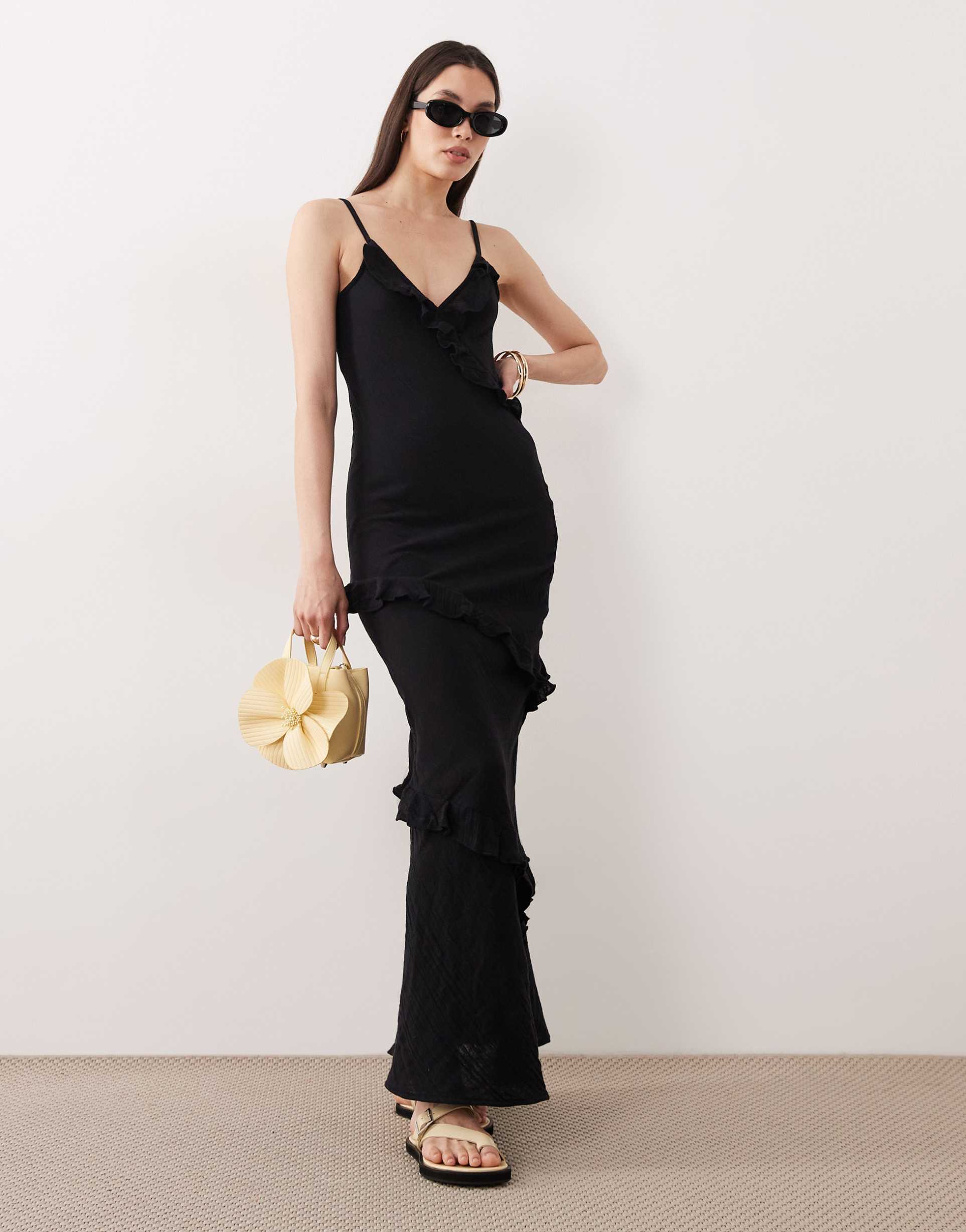 esmée strappy maxi beach dress with ruffle detail in black