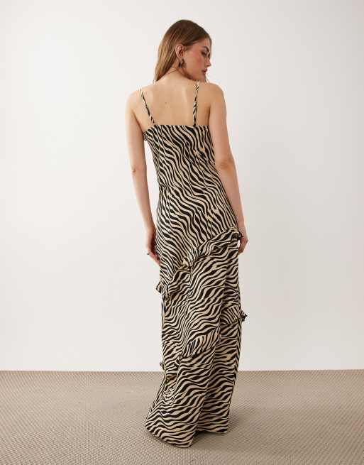 Esmee strappy maxi beach dress with ruffle detail in cream zebra, 4 of 4